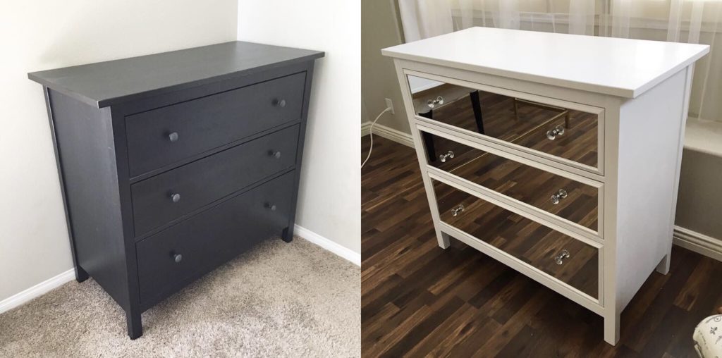 Before and After picture of Ikea Hemnes hack using Annie Sloan Chalk Paint, Mirrors, and crystal drawer knobs.