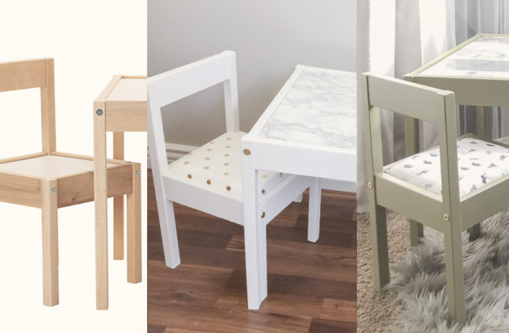 Ikea LATT table and chair hack before and after 1st and 2nd hack. One for girls and the other for boys.