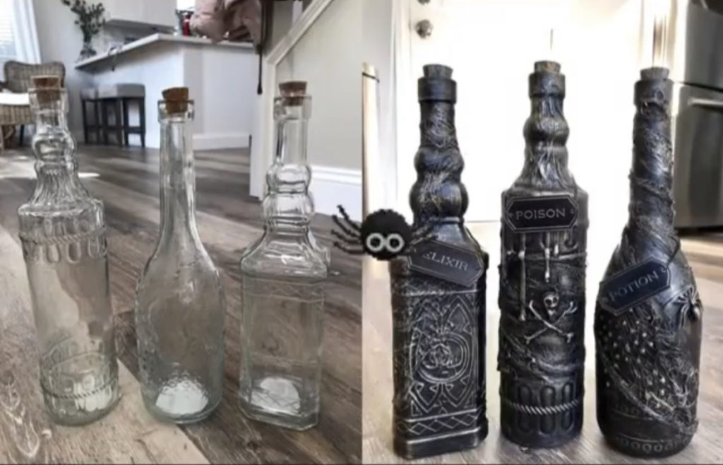 Halloween witchcraft, potion and poison cartoon bottles, phials