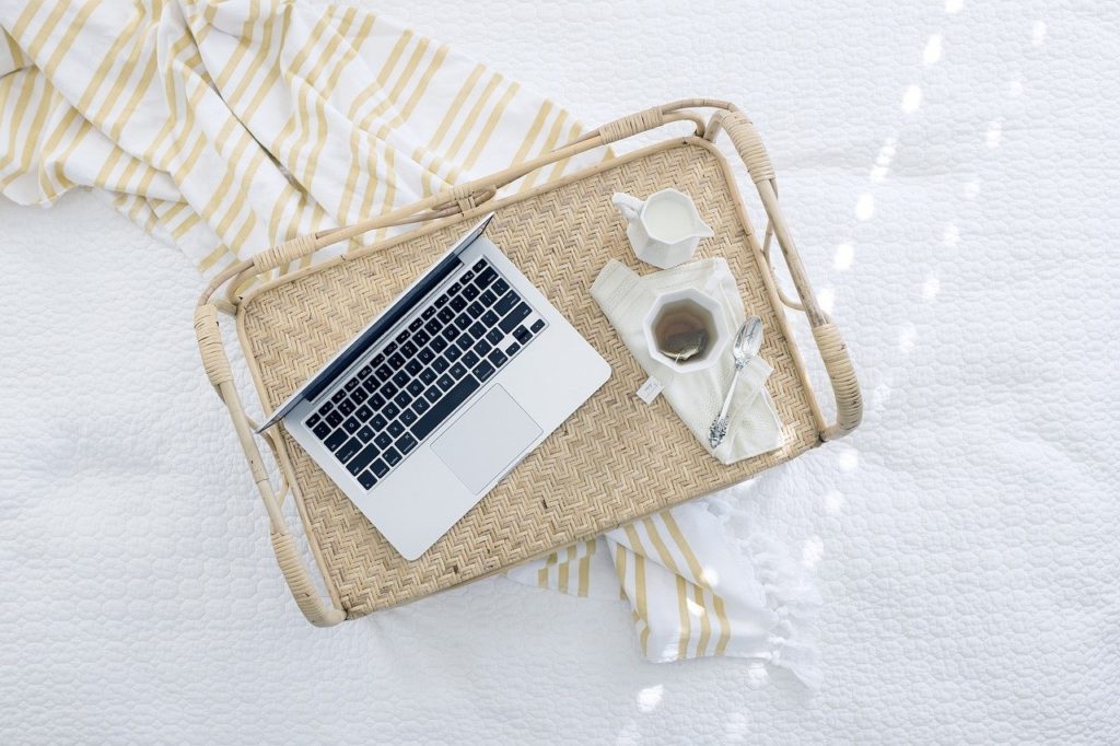 laptop computer, tray, tea