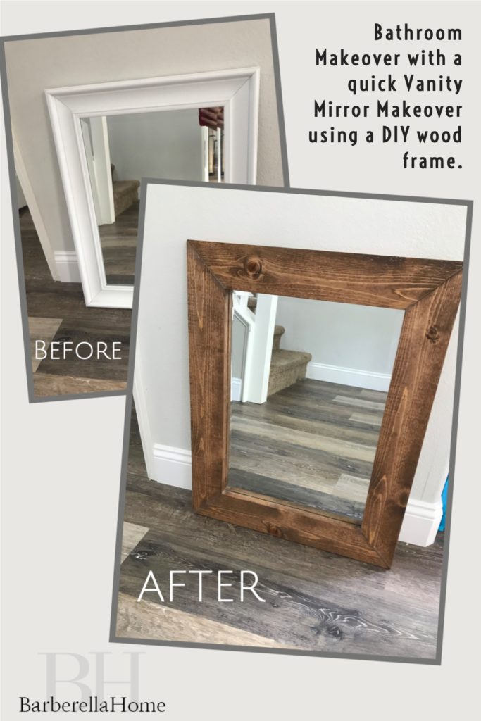 Bathroom makeover with a quick Vanity mirror makeover using a DIY wood frame. 