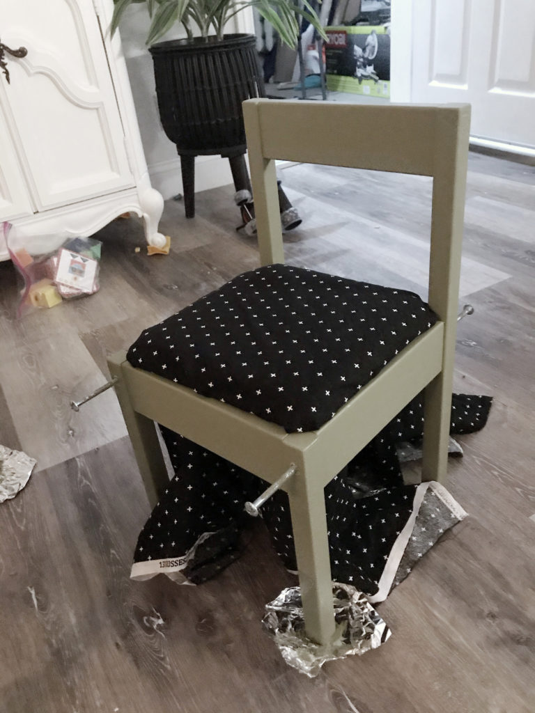 Ikea LATT chair hack with 'Olive Grove' by BM paint and white 'black and white polka dot' fabric cushions.