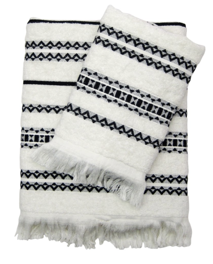 White and black patterned towel from walmart.