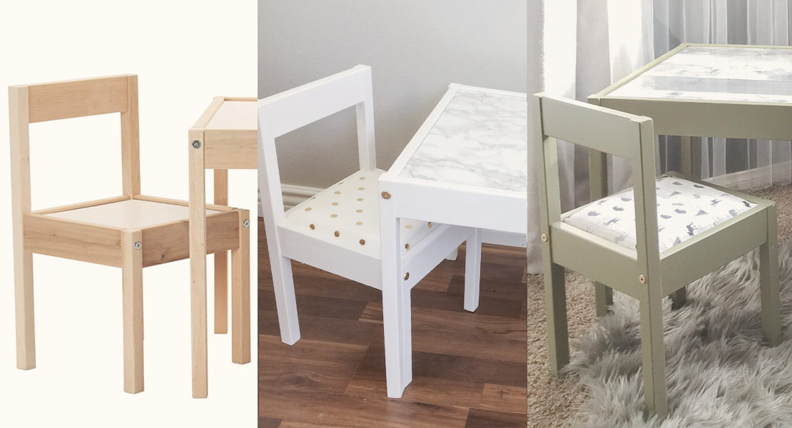 Ikea LATT table and chair hack before and after 1st and 2nd hack. One for girls and the other for boys.